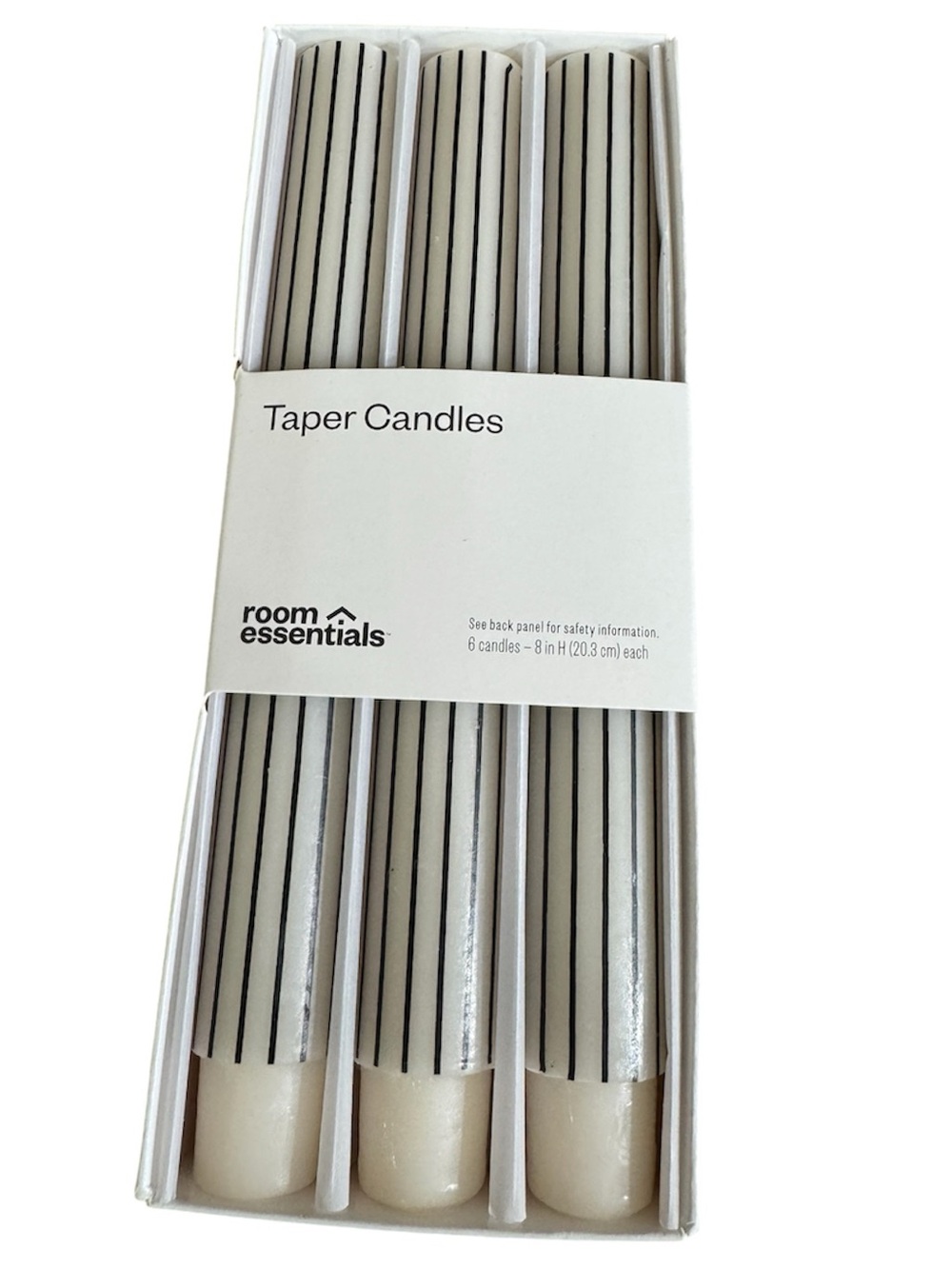 ROOM ESSENTIALS SET OF 6 8” TAPER CANDLES BLACK AND WHITE PIN STRIPE